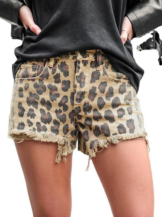 Leopard Print Fashion Frayed Casual Hot Pants Denim Shorts - Denim Shorts - INS | Online Fashion Free Shipping Clothing, Dresses, Tops, Shoes - 10/05/2021 - Category_Denim Shorts - Color_Leopard
