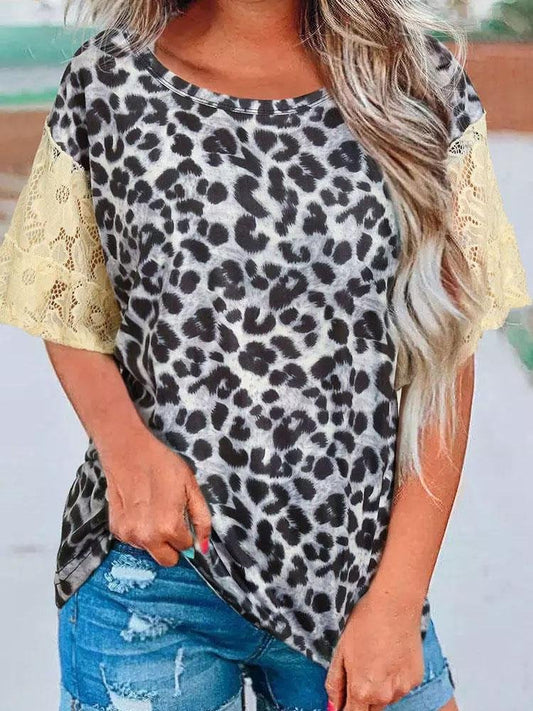 Leopard Print Lace Stitching Round Neck Loose T-Shirt - T-Shirts - INS | Online Fashion Free Shipping Clothing, Dresses, Tops, Shoes - 09/07/2021 - 10-20 - 12/07/2021