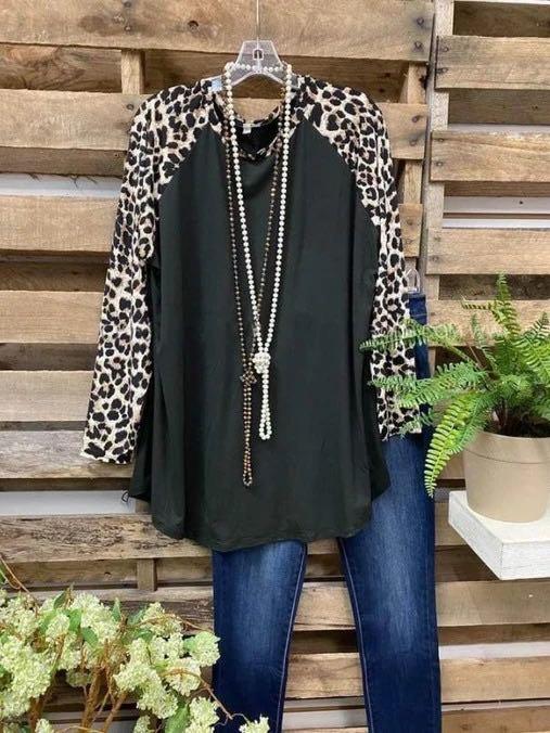 LEOPARD PRINT LONG-SLEEVED STITCHING ROUND NECK LADIES T-SHIRT - INS | Online Fashion Free Shipping Clothing, Dresses, Tops, Shoes