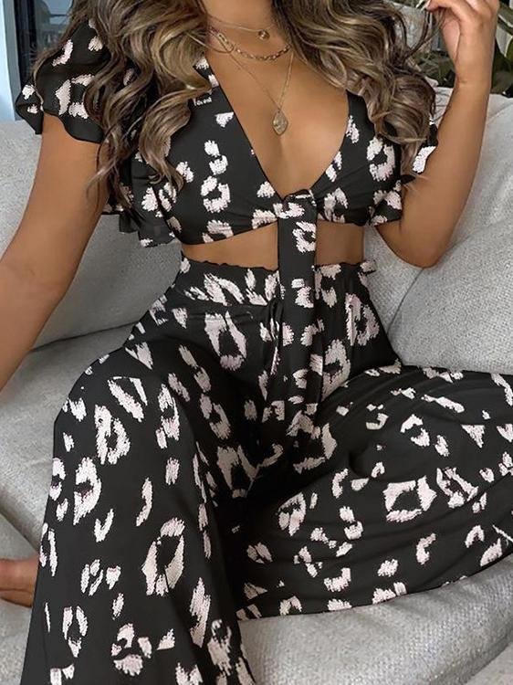 Leopard Print Lotus Leaf Sleeve Two-piece Set - Sets - INS | Online Fashion Free Shipping Clothing, Dresses, Tops, Shoes - 30-40 - 30/06/2021 - Bottoms