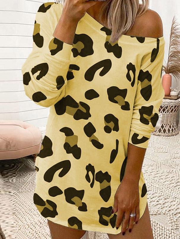 Leopard Print Off Shoulder Long Sleeve T-Shirt Dress - Mini Dresses - INS | Online Fashion Free Shipping Clothing, Dresses, Tops, Shoes - 10-20 - 30/07/2021 - Category_Mini Dresses