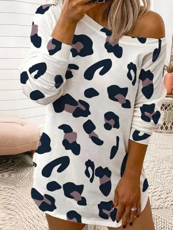 Leopard Print Off Shoulder Long Sleeve T-Shirt Dress - Mini Dresses - INS | Online Fashion Free Shipping Clothing, Dresses, Tops, Shoes - 10-20 - 30/07/2021 - Category_Mini Dresses