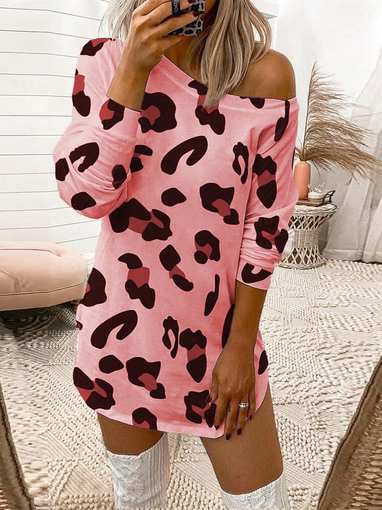 Leopard Print Off Shoulder Long Sleeve T-Shirt Dress - Mini Dresses - INS | Online Fashion Free Shipping Clothing, Dresses, Tops, Shoes - 10-20 - 30/07/2021 - Category_Mini Dresses