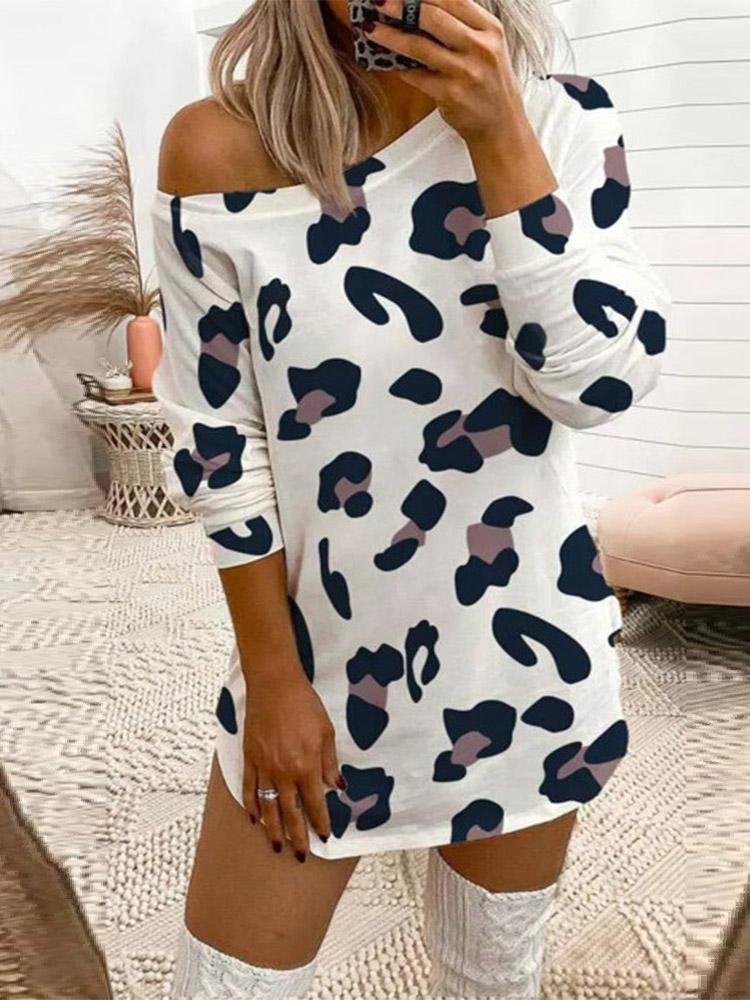 Leopard Print Off Shoulder Long Sleeve T-Shirt Dress - Mini Dresses - INS | Online Fashion Free Shipping Clothing, Dresses, Tops, Shoes - 10-20 - 30/07/2021 - Category_Mini Dresses