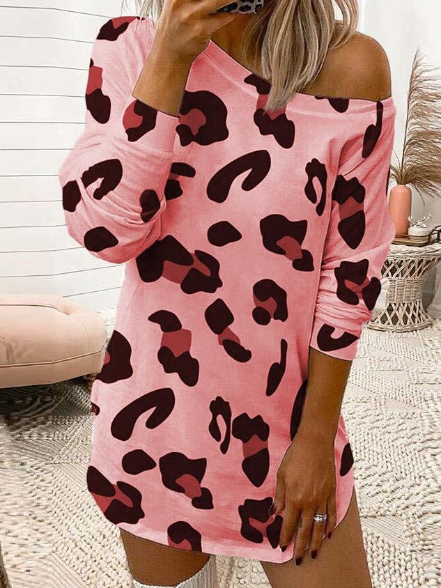 Leopard Print Off Shoulder Long Sleeve T-Shirt Dress - Mini Dresses - INS | Online Fashion Free Shipping Clothing, Dresses, Tops, Shoes - 10-20 - 30/07/2021 - Category_Mini Dresses