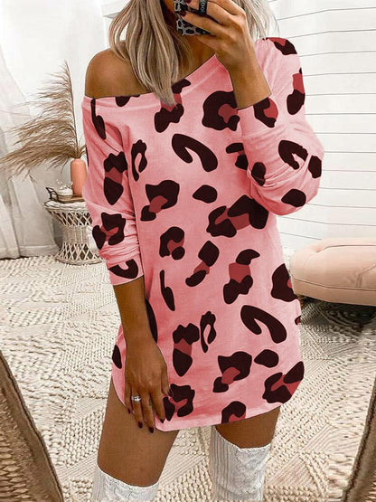 Leopard Print Off Shoulder Long Sleeve T-Shirt Dress - Mini Dresses - INS | Online Fashion Free Shipping Clothing, Dresses, Tops, Shoes - 10-20 - 30/07/2021 - Category_Mini Dresses