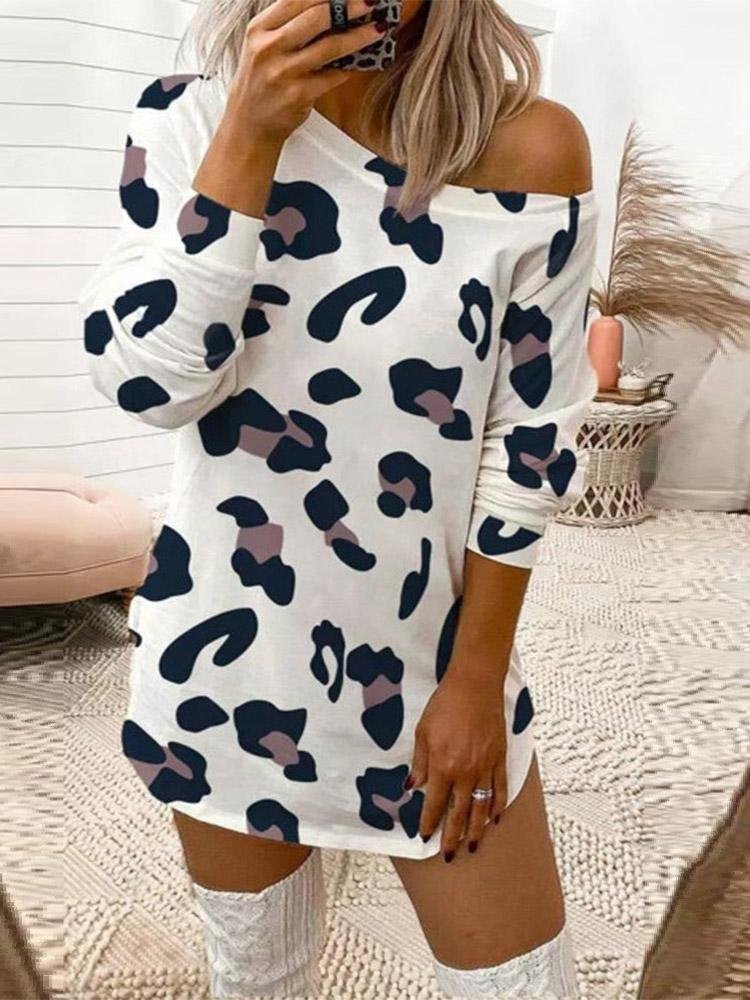 Leopard Print Off Shoulder Long Sleeve T-Shirt Dress - Mini Dresses - INS | Online Fashion Free Shipping Clothing, Dresses, Tops, Shoes - 10-20 - 30/07/2021 - Category_Mini Dresses