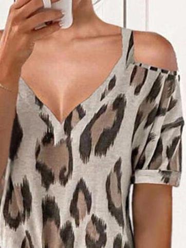 Leopard Print Off-Shoulder V-Neck Short Sleeve T-Shirts - T-Shirts - INS | Online Fashion Free Shipping Clothing, Dresses, Tops, Shoes - 20-30 - 30/06/2021 - Category_T-Shirts