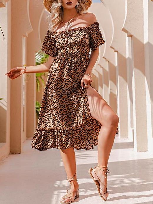Leopard Print Off-the-shoulder Dress With Ruffle Hem - Midi Dresses - INS | Online Fashion Free Shipping Clothing, Dresses, Tops, Shoes - 04/12/2021 - Colour_Brown - DRE210412747