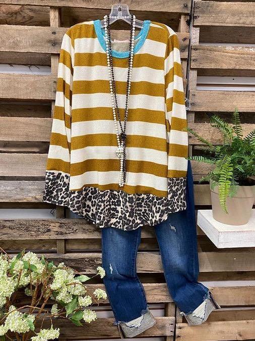 Leopard Print Patchwork Striped T-Shirt - INS | Online Fashion Free Shipping Clothing, Dresses, Tops, Shoes