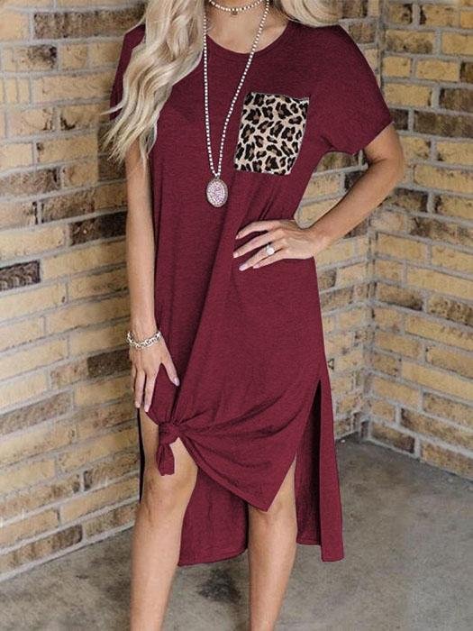 Leopard Print Pocket Stitching Split Short Sleeve Casual Dress - Midi Dresses - INS | Online Fashion Free Shipping Clothing, Dresses, Tops, Shoes - 12/07/2021 - 20-30 - Category_Midi Dresses