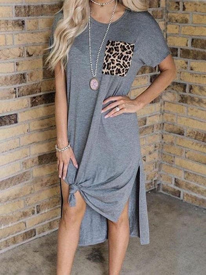 Leopard Print Pocket Stitching Split Short Sleeve Casual Dress - Midi Dresses - INS | Online Fashion Free Shipping Clothing, Dresses, Tops, Shoes - 12/07/2021 - 20-30 - Category_Midi Dresses