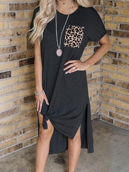 Leopard Print Pocket Stitching Split Short Sleeve Casual Dress - Midi Dresses - INS | Online Fashion Free Shipping Clothing, Dresses, Tops, Shoes - 12/07/2021 - 20-30 - Category_Midi Dresses