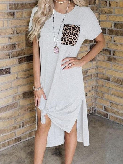 Leopard Print Pocket Stitching Split Short Sleeve Casual Dress - Midi Dresses - INS | Online Fashion Free Shipping Clothing, Dresses, Tops, Shoes - 12/07/2021 - 20-30 - Category_Midi Dresses