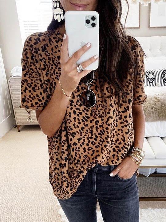 Leopard print round neck short sleeve T-shirt - INS | Online Fashion Free Shipping Clothing, Dresses, Tops, Shoes