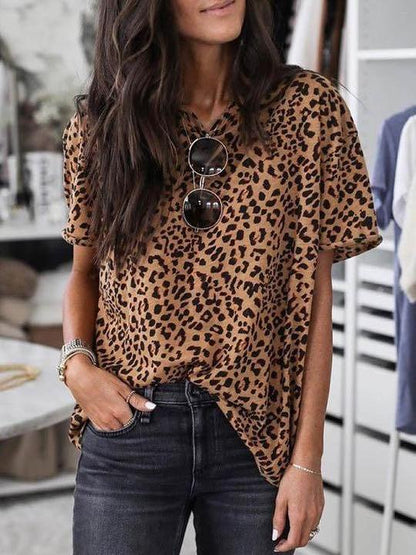 Leopard print round neck short sleeve T-shirt - INS | Online Fashion Free Shipping Clothing, Dresses, Tops, Shoes