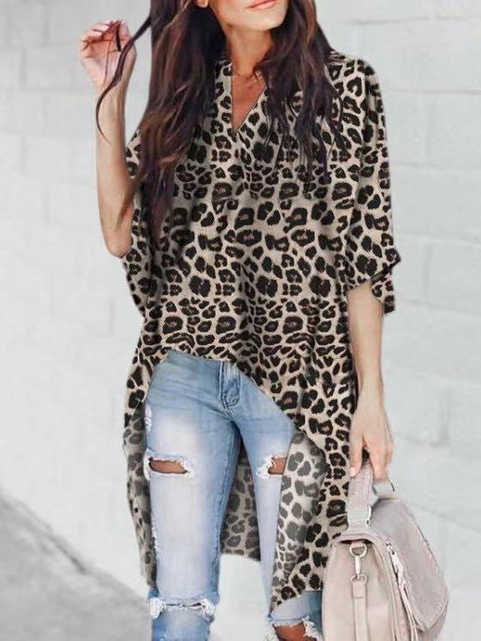 Leopard print small V-neck loose mid-length bat sleeve irregular shirt - INS | Online Fashion Free Shipping Clothing, Dresses, Tops, Shoes