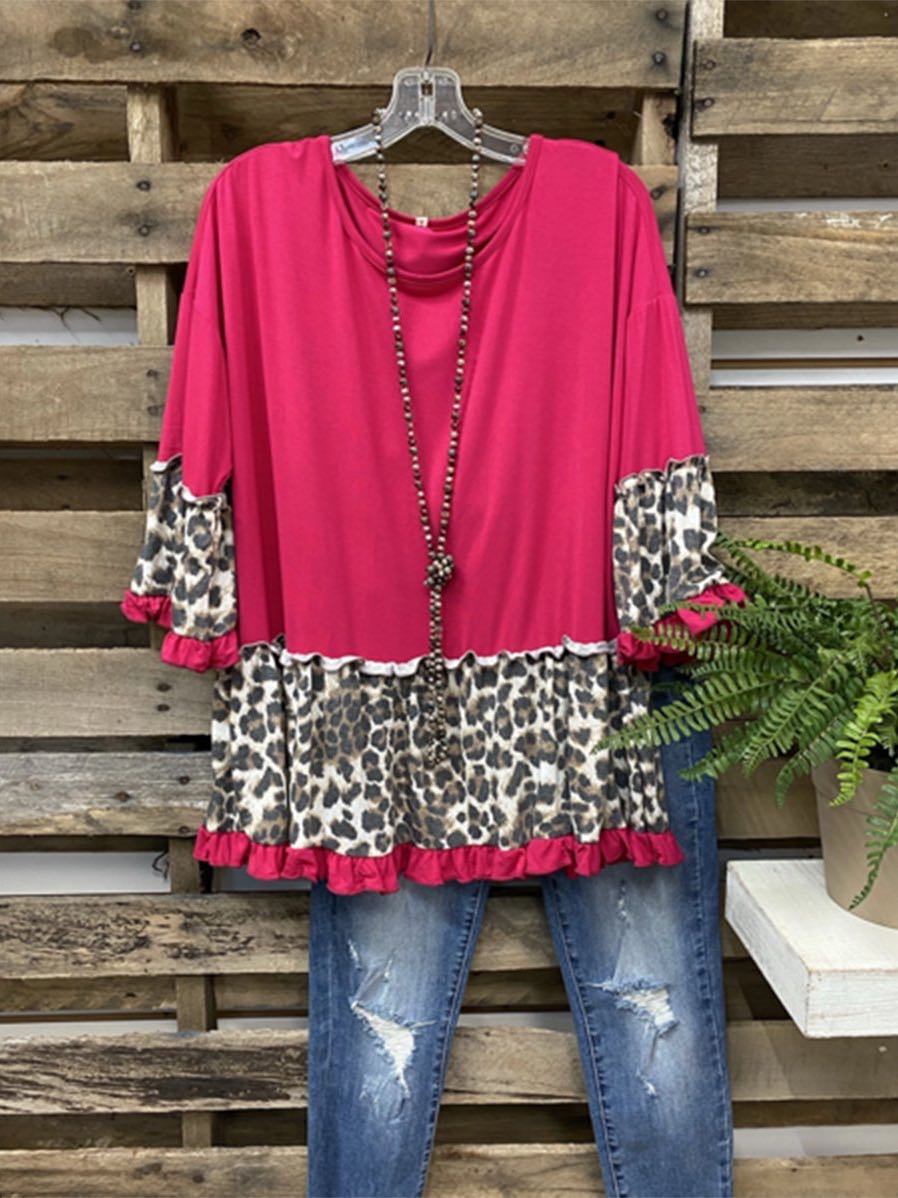 Leopard Print Solid Color Stitching Ruffled Sleeve T-Shirt - INS | Online Fashion Free Shipping Clothing, Dresses, Tops, Shoes