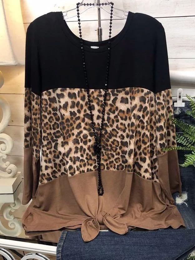 Leopard Print Stitching Knotted Casual T-shirt - INS | Online Fashion Free Shipping Clothing, Dresses, Tops, Shoes