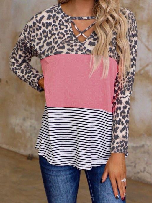 Leopard Print Stitching Long Sleeve V-Neck Casual T-Shirt - T-Shirts - INS | Online Fashion Free Shipping Clothing, Dresses, Tops, Shoes - 10-20 - 28/06/2021 - Category_T-Shirts