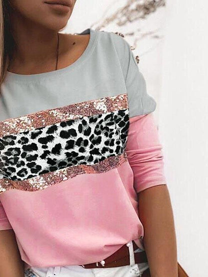 Leopard Print Stitching Sequins Contrast Top - T-shirts - INS | Online Fashion Free Shipping Clothing, Dresses, Tops, Shoes - 20-30 - 22/07/2021 - color-black