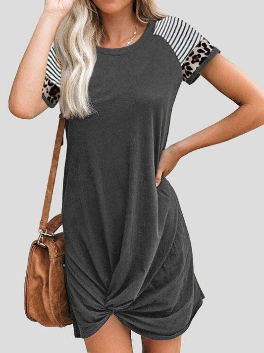 Leopard Print Stitching Short Sleeve Pocket Dress - Mini Dresses - INS | Online Fashion Free Shipping Clothing, Dresses, Tops, Shoes - 20-30 - 24/06/2021 - color-black