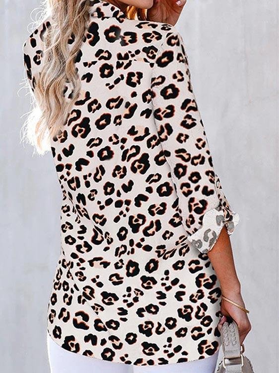 Leopard Print V-neck Collared 3/4 Sleeve Shirt - Blouses - INS | Online Fashion Free Shipping Clothing, Dresses, Tops, Shoes - 10-20 - 27/07/2021 - BLO2107271275