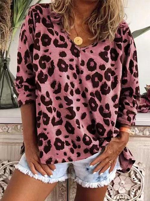 Leopard Print V-Neck Long Sleeve T-Shirt - T-Shirts - INS | Online Fashion Free Shipping Clothing, Dresses, Tops, Shoes - 09/07/2021 - 10-20 - Category_T-Shirts