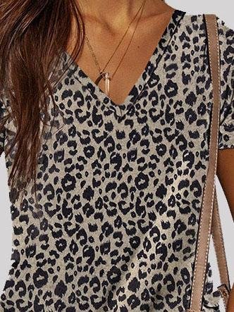Leopard Print V-neck Short Sleeve Casual T-shirt - T-Shirts - INS | Online Fashion Free Shipping Clothing, Dresses, Tops, Shoes - 07/06/2021 - Category_Leopard - Category_T-Shirts