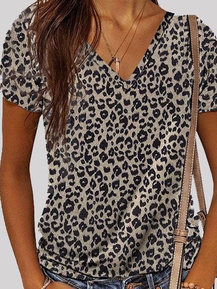 Leopard Print V-neck Short Sleeve Casual T-shirt - T-Shirts - INS | Online Fashion Free Shipping Clothing, Dresses, Tops, Shoes - 07/06/2021 - Category_Leopard - Category_T-Shirts