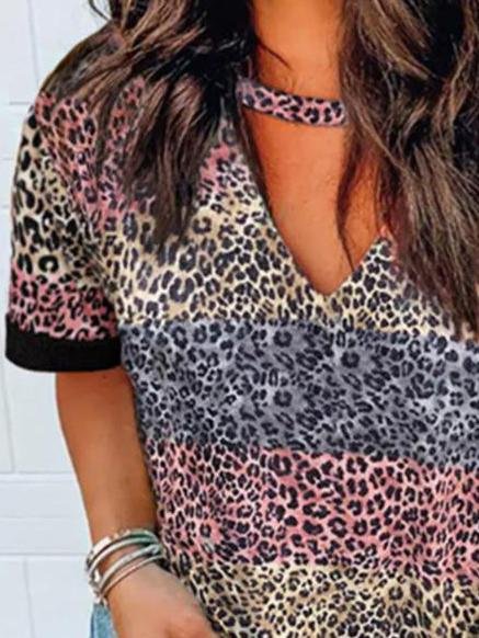 Leopard Print V-Neck Short Sleeve Casual T-Shirts - MsDressly