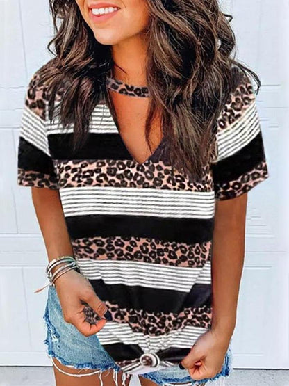 Leopard Print V-Neck Short Sleeve Casual T-Shirts - MsDressly
