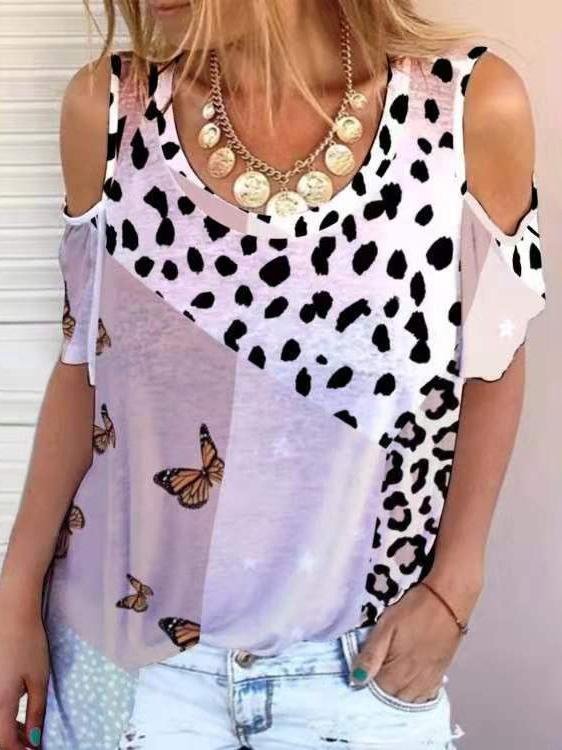 Leopard Printed Off Shoulder Casual T-shirt - T-shirts - INS | Online Fashion Free Shipping Clothing, Dresses, Tops, Shoes - 05/07/2021 - 10-20 - color-black