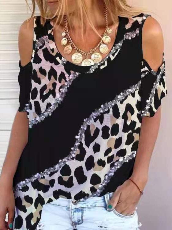 Leopard Printed Off Shoulder Casual T-shirt - T-shirts - INS | Online Fashion Free Shipping Clothing, Dresses, Tops, Shoes - 05/07/2021 - 10-20 - color-black