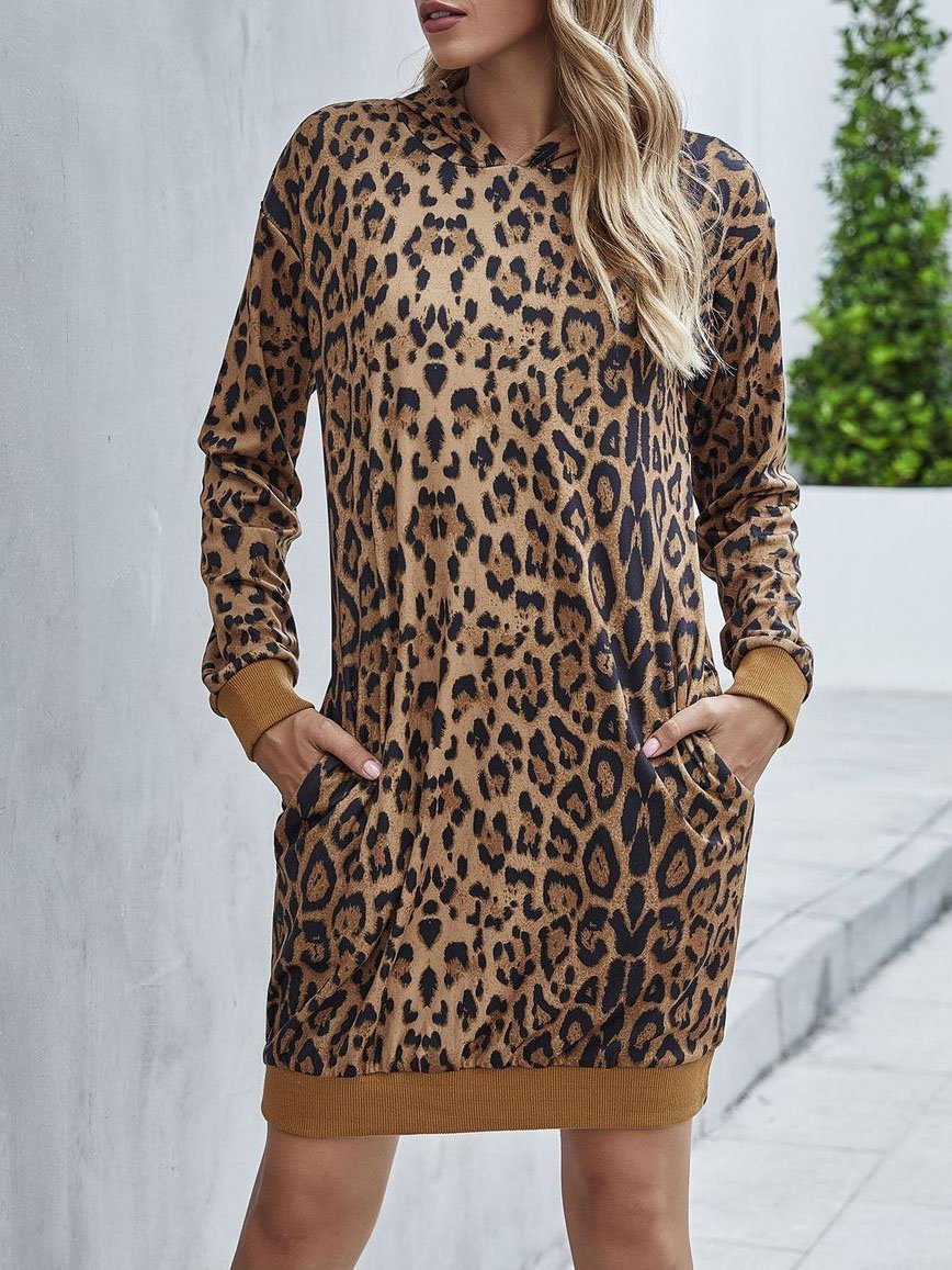 Leopard Printed Pullover Hoodie Dress - Loungewear - INS | Online Fashion Free Shipping Clothing, Dresses, Tops, Shoes - 2XL - 3XL - Brown