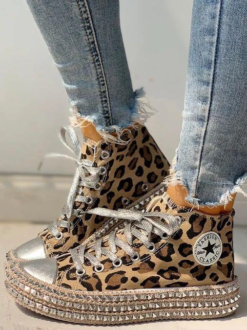 Leopard Rivet Embellished Lace-Up Sneakers - INS | Online Fashion Free Shipping Clothing, Dresses, Tops, Shoes