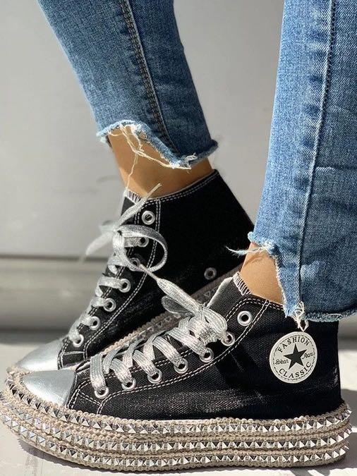 Leopard Rivet Embellished Lace-Up Sneakers - INS | Online Fashion Free Shipping Clothing, Dresses, Tops, Shoes