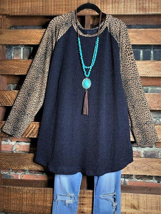 Leopard Round Neck Long Sleeve Loose Tunic & Tops - INS | Online Fashion Free Shipping Clothing, Dresses, Tops, Shoes