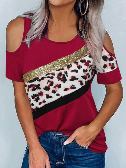 Leopard Sequin Stitching Cold Shoulder T-shirt - T-shirts - INS | Online Fashion Free Shipping Clothing, Dresses, Tops, Shoes - 20-30 - 21/07/2021 - color-wine_red