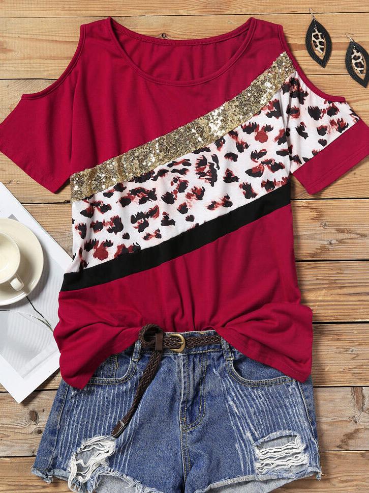 Leopard Sequin Stitching Cold Shoulder T-shirt - T-shirts - INS | Online Fashion Free Shipping Clothing, Dresses, Tops, Shoes - 20-30 - 21/07/2021 - color-wine_red