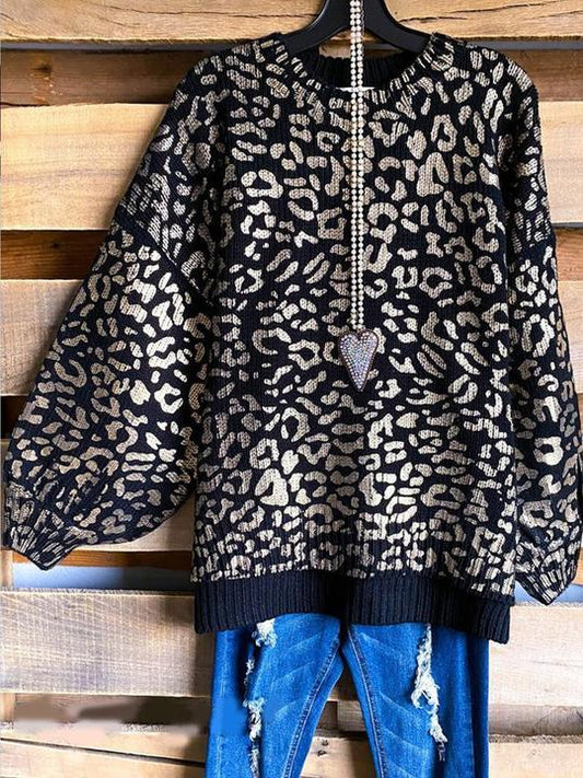 Leopard Shift Long Sleeve Cotton-Blend Leopard Sweater - INS | Online Fashion Free Shipping Clothing, Dresses, Tops, Shoes