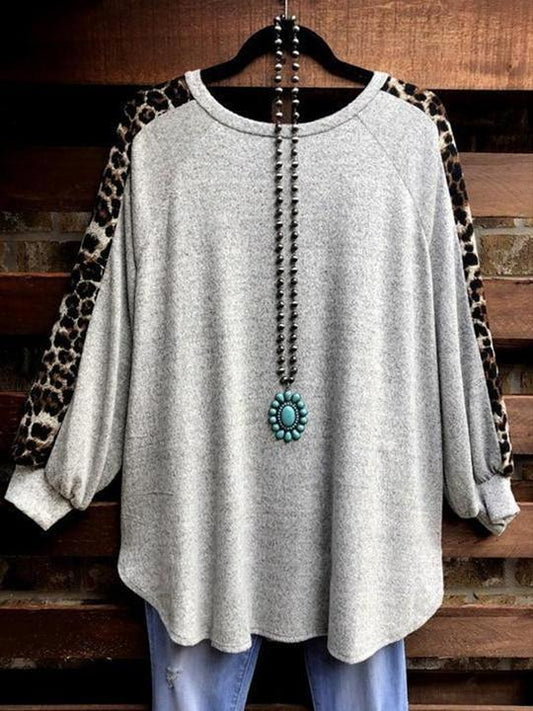 Leopard Stitch Casual Round Neck Tops T-Shirt - INS | Online Fashion Free Shipping Clothing, Dresses, Tops, Shoes