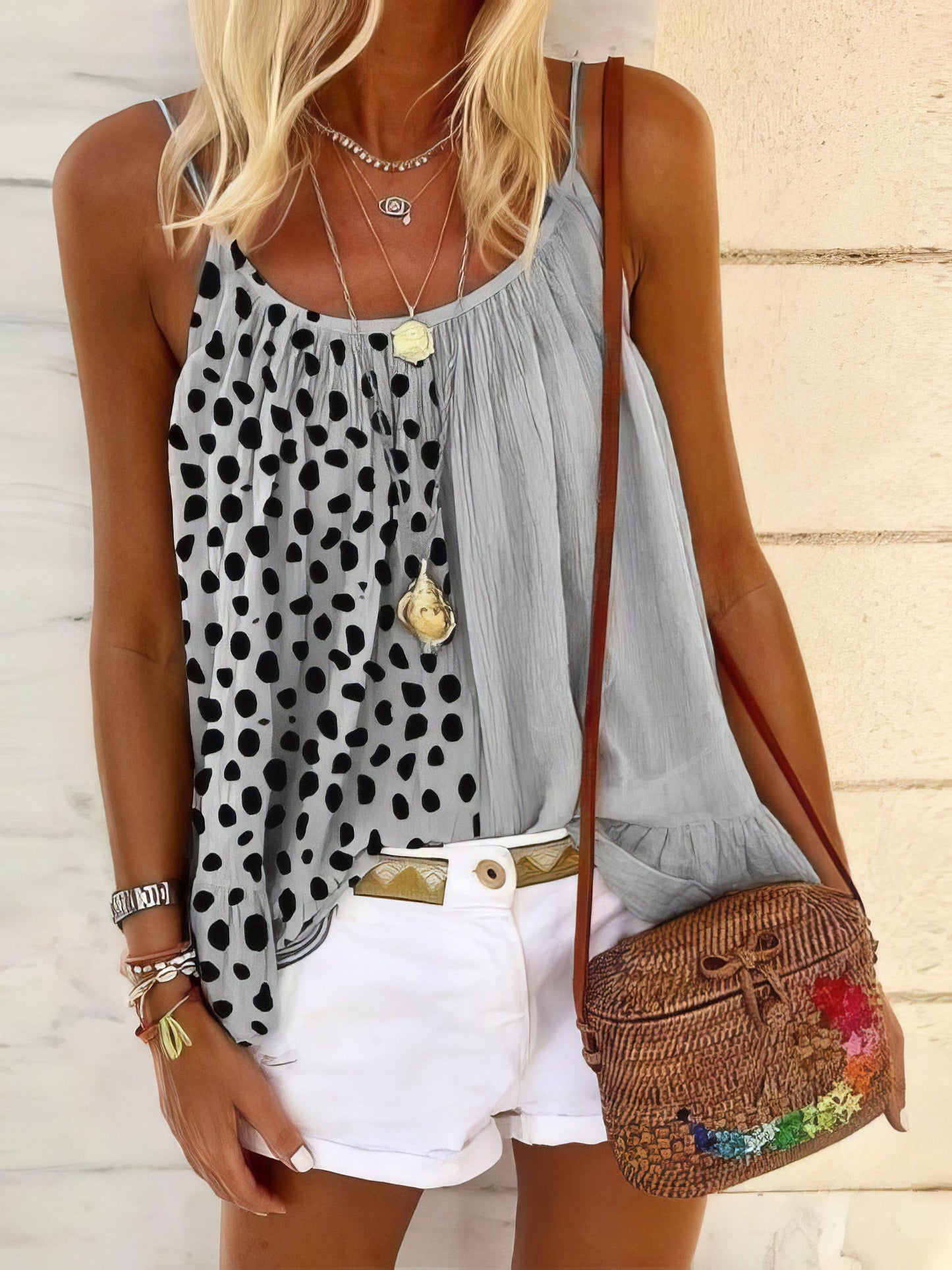 Tank Tops - Leopard Stitching Ruffle Print Camisole Vest - MsDressly