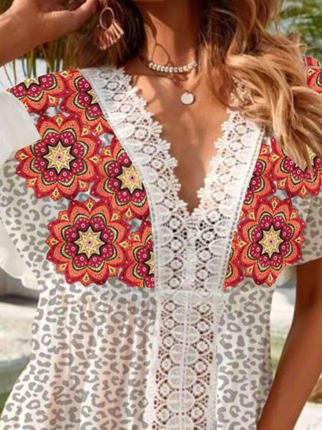 Leopard Tribal Lace Ruffle Mini Dress - Mini Dresses - INS | Online Fashion Free Shipping Clothing, Dresses, Tops, Shoes - 05/06/2021 - Color_White - DRE2106050121