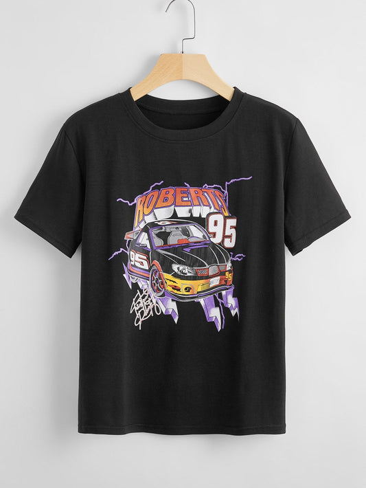 Letter And Car Graphic Tee - INS | Online Fashion Free Shipping Clothing, Dresses, Tops, Shoes