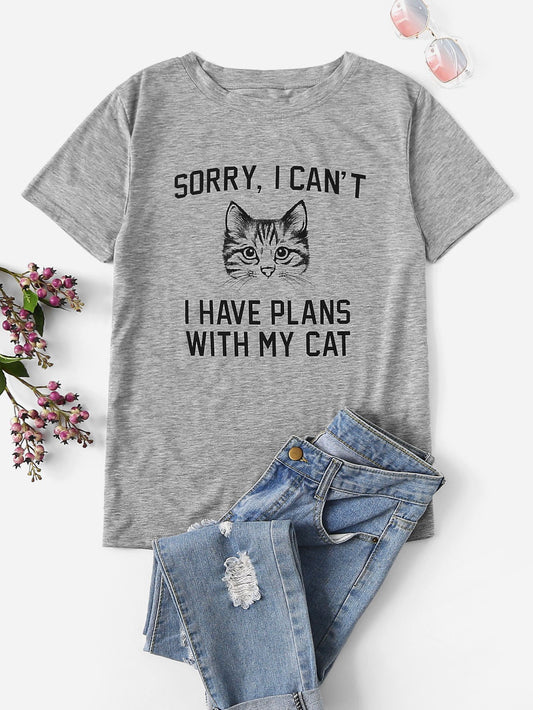Letter And Cat Graphic Tee - INS | Online Fashion Free Shipping Clothing, Dresses, Tops, Shoes