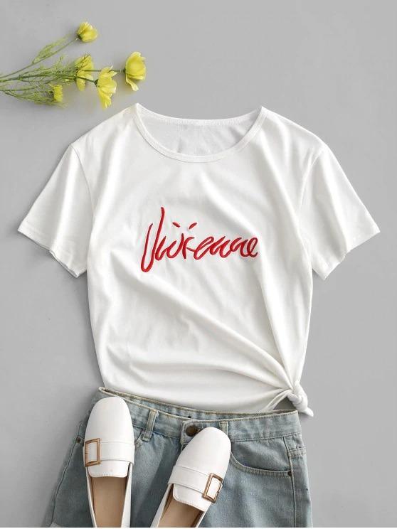 Letter Embroidered Short Sleeve T-shirt - INS | Online Fashion Free Shipping Clothing, Dresses, Tops, Shoes
