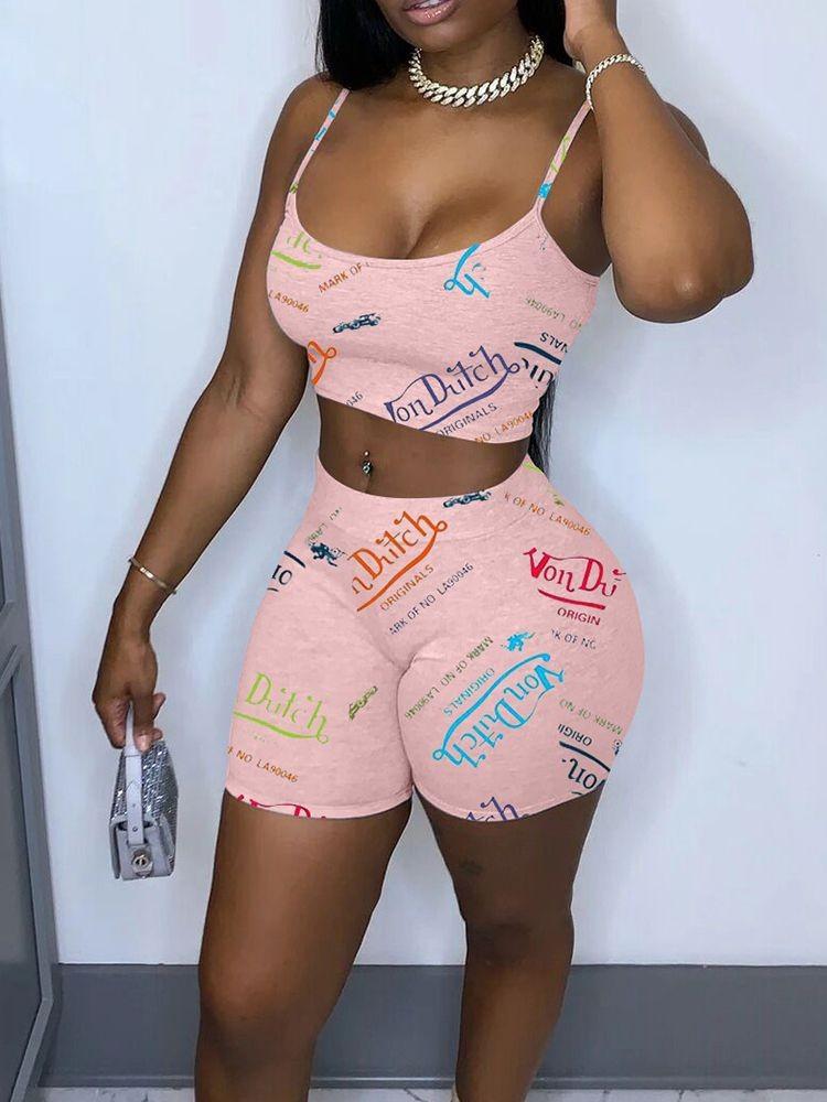 Letter Graffiti Printing Cropped Top With Casual Sports Shorts Suit - Two-piece Outfits - INS | Online Fashion Free Shipping Clothing, Dresses, Tops, Shoes - 23/04/2021 - Color_Black - Color_Gray