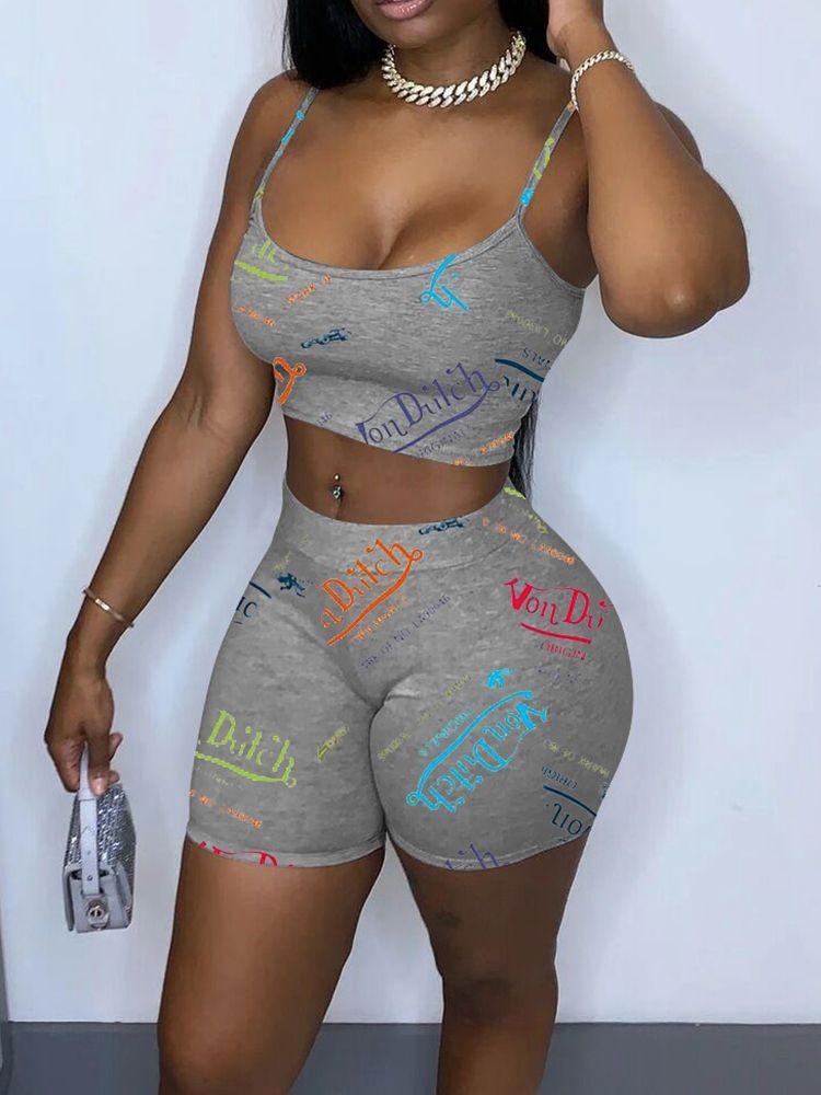 Letter Graffiti Printing Cropped Top With Casual Sports Shorts Suit - Two-piece Outfits - INS | Online Fashion Free Shipping Clothing, Dresses, Tops, Shoes - 23/04/2021 - Color_Black - Color_Gray