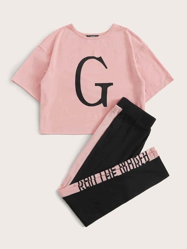 Letter Graphic Crop Tee and Contrast Sideseam Pants PJ Set - Sets - INS | Online Fashion Free Shipping Clothing, Dresses, Tops, Shoes - 02/02/2021 - Basic - Casual